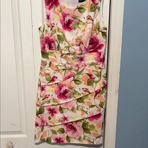 Connected Apparel Pink and Green Floral Midi Dress